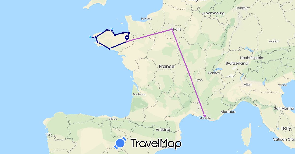 TravelMap itinerary: driving, train, boat in France (Europe)